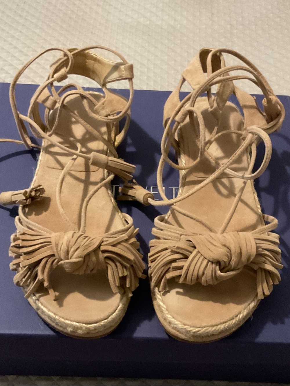Stuart Weitzman Tan Suede Knot Espadrille Sandals